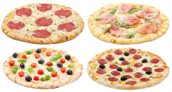 Pizza Pizzas Collage Συλλογή Απομονώνονται Λευκό Φόντο — Φωτογραφία Αρχείου