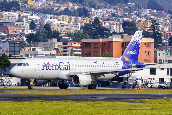 Quito, Ecuador June 16, 2011 AeroGal Airbus A320 airplane at Quito airport UIO in Ecuador. Airbus is a European aircraft manufacturer based in Toulouse, France.