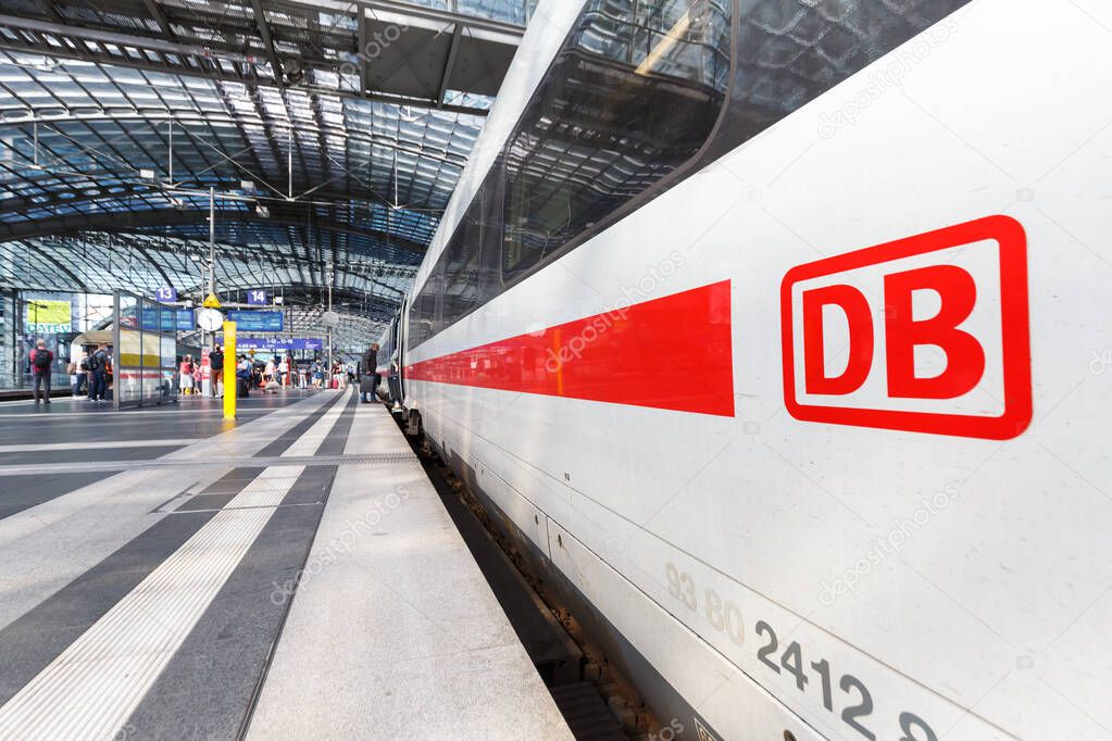 Berlin, Germany - August 20, 2020 DB logo on a ICE 4 high-speed train at Berlin main railway station Hauptbahnhof Hbf in Germany.