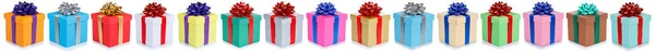 Christmas Gifts Many Birthday Presents Row Gift Boxes Isolated White — Stock Photo, Image