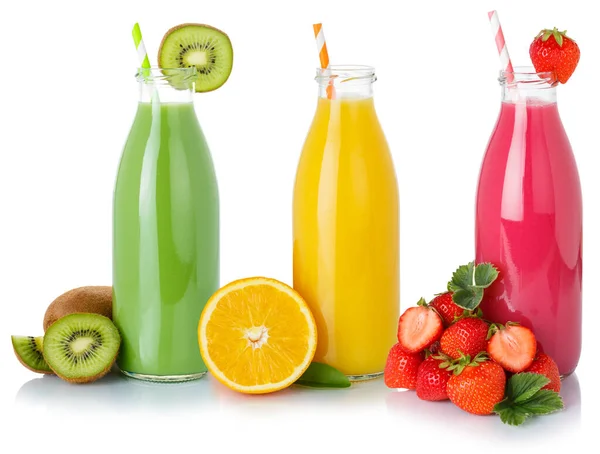 Fruit Smoothie Smoothies Sap Drinken Dranken Stro Flessen Geïsoleerd Een — Stockfoto