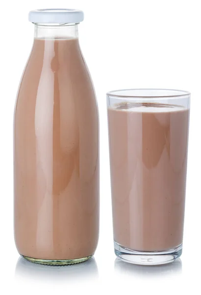 Choklad Mjölk Skaka Milkshake Dryck Flaska Och Glas Isolerad Vit — Stockfoto