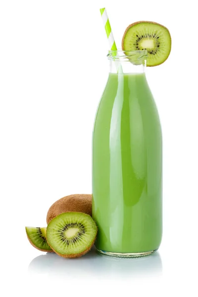 Suco Frutas Smoothie Verde Beber Quivi Palha Uma Garrafa Isolada — Fotografia de Stock