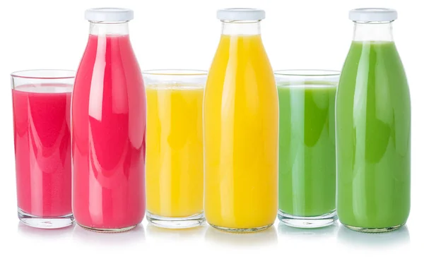 Fruchtsaftgetränke Orangen Smoothie Getränkeflasche Und Glas Isoliert Auf Weißem Hintergrund — Stockfoto