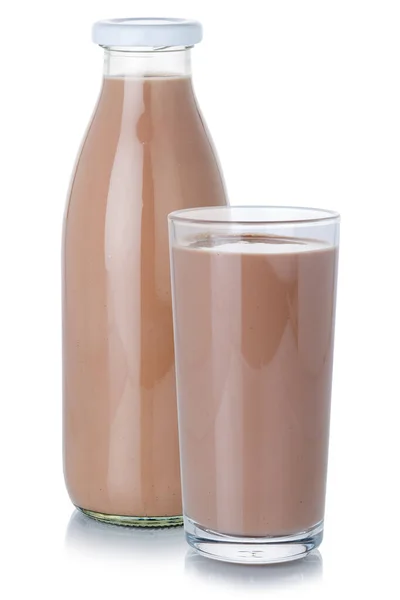Σοκολάτα Milkshake Ποτήρι Γάλα Και Μπουκάλι Απομονώνονται Λευκό Φόντο — Φωτογραφία Αρχείου
