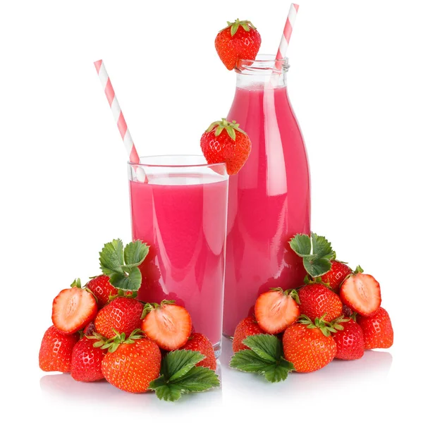 Fruktjuice Dricka Jordgubbssmoothie Halm Jordgubbar Glasflaska Isolerad Vit Bakgrund — Stockfoto