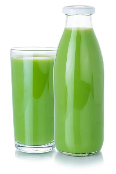 Fruchtsaft Grüne Smoothie Getränkeflasche Und Glas Isoliert Auf Weißem Hintergrund — Stockfoto