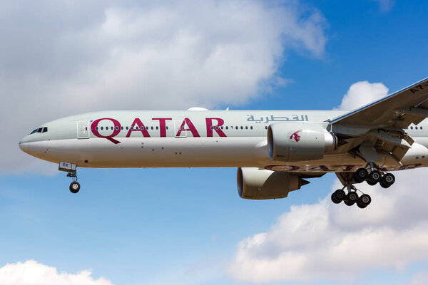 London, United Kingdom - August 1, 2018 Qatar Airways Boeing 777-300ER airplane at London Heathrow Airport (LHR) in the United Kingdom.