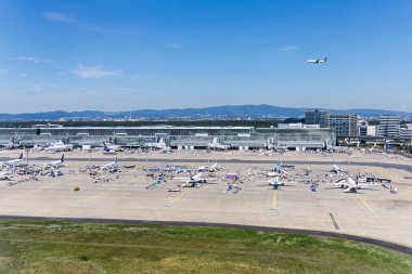 Frankfurt, Almanya - 7 Ağustos 2025: Almanya 'daki Frankfurt havaalanındaki Terminal 2' nin hava görüntüsü.