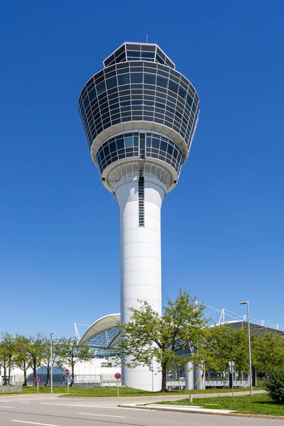 Munich, Germany - August 19, 2025: Air traffic control tower of Munich airport in Germany.