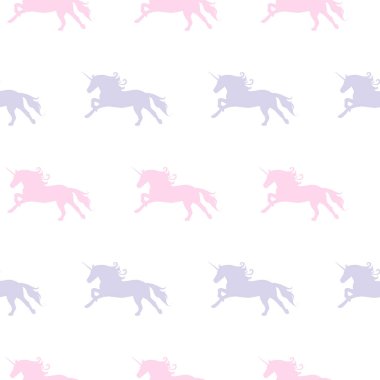 Sorunsuz zemin ile pembe ve mor tek boynuzlu atlar. Düz stil vektör çizim.