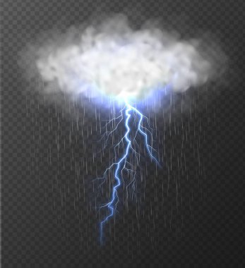 Realistic cloud with blue thunderbolt and rain isolated on transparent background. clipart