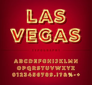 Koyu kırmızı arkaplanda izole edilmiş altın çerçeveli 3d ampul alfabesi.