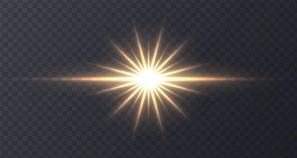 Shining sun flare isolated on dark transparent background. — Stock Vector