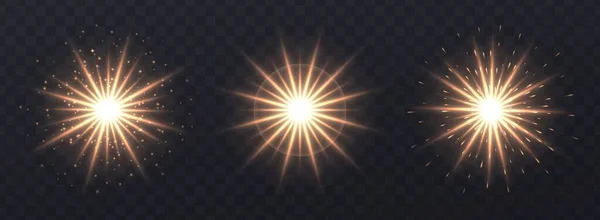 Feux lumineux réglés isolés sur fond transparent. Lentilles fusées éclairantes, bokeh, scintillements, météores, collection d'étoiles brillantes . — Image vectorielle
