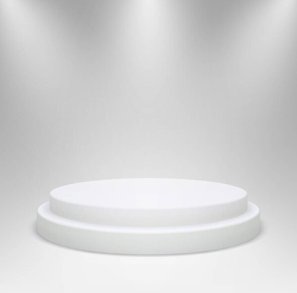 Realistic white round podium in studio lighting. 3d pedestal or platform for product showcase on a gray background.