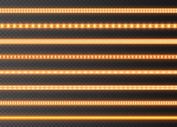 橙色LED条系列，明亮的发光丝带隔离在透明的背景。现实的霓虹灯花环. — 图库矢量图片