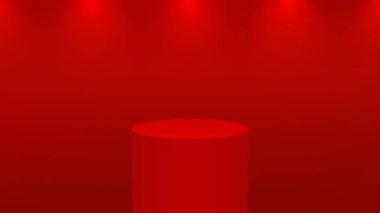 Ürün sergisi için gerçekçi 3d kırmızı podyum. Stüdyoda kırmızı arka planda yuvarlak kaide veya platform ışıklandırması.