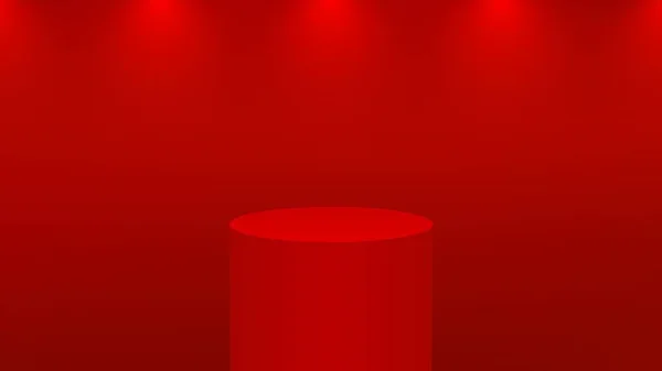 Realista 3d podio rojo para la exhibición del producto. Pedestal redondo o plataforma en iluminación de estudio sobre fondo rojo . — Vector de stock