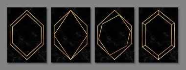 Siyah mermer desenli ve altın çokgen çerçeveli lüks posterler..