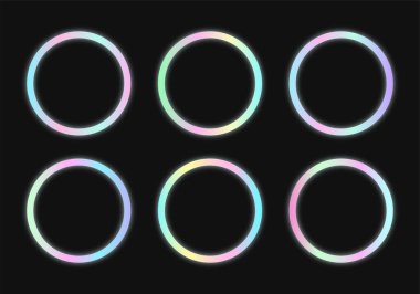 Psikedelik buhar dalgası tarzında dairesel holografik çerçeveler.