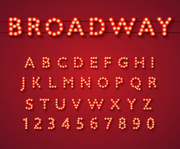 Glühbirnen-Alphabet im Stil des Broadway-Theaters. — Stockvektor