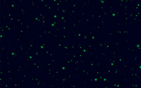 Grün funkelt auf dunkelblauem Hintergrund, Glühwürmchen fliegen in der Nacht. Abstrakte Blitzkäfer am Abendhimmel. — Stockvektor
