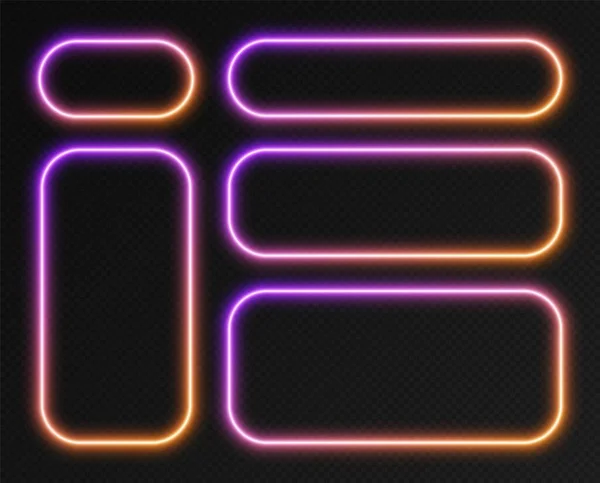Ensemble de cadres dégradés néon, collection de bordures rectangulaires arrondies luisantes violet-orange. Bannières lumineuses colorées. — Image vectorielle