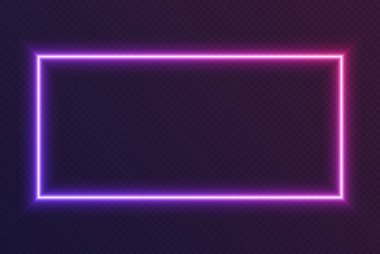 Neon eğimli dikdörtgen çerçeve, koyu arkaplanda mavi-pembe parlayan sınır. Renkli gece afişi.