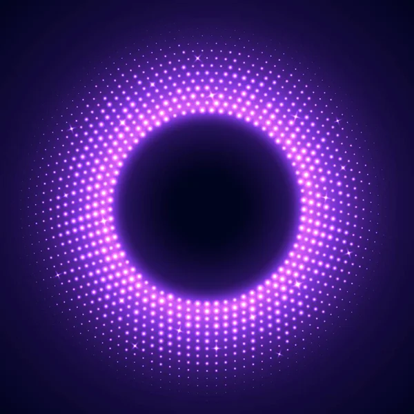 Cadre rond violet en style disco. Bordure circulaire lumineuse éclairée isolée sur un fond sombre. — Image vectorielle