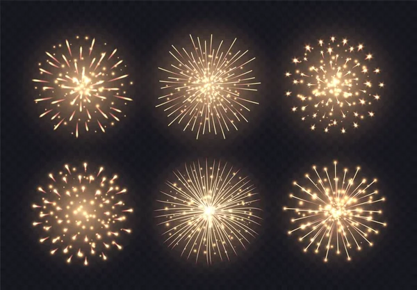 Gouden vuurwerk collectie, realistische vuurwerk explosies set. Feestelijke kerst pyrotechnische show. — Stockvector