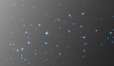 Mavi parıldayan yıldızlar, parlak parçacıklar ışık efekti, şeffaf uçan yıldız tozu dokusu, soyut ışıldayan Noel süslemesi. Vektör illüstrasyonu.
