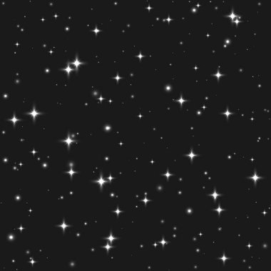 Kusursuz beyaz parıldayan yıldız deseni, parlak parçacıklar ışık efekti, şeffaf uçan yıldız tozu arka planı, soyut ışıltı dekorasyonu. Vektör illüstrasyonu.