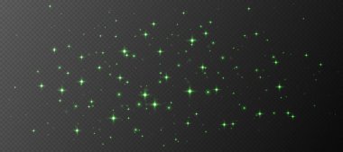 Yeşil parıldayan yıldızlar, parlak parçacıklar ışık efekti, şeffaf uçan yıldız tozu dokusu, soyut ışıldayan Noel süslemesi. Vektör illüstrasyonu.