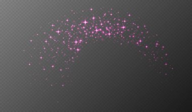 Pembe parıldayan yıldızlar, parlak parçacıklar ışık efekti, şeffaf uçan yıldız tozu dokusu, soyut ışıldayan Noel süslemesi. Vektör illüstrasyonu.