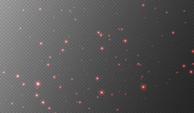 Kırmızı parıldayan yıldızlar, parlak parçacıklar ışık efekti, şeffaf uçan yıldız tozu dokusu, soyut ışıldayan Noel süslemesi. Vektör illüstrasyonu.