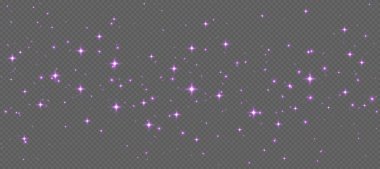 Mor parlak yıldızlar, parlak parçacıklar ışık efekti, şeffaf uçan yıldız tozu dokusu, soyut parıldayan Noel süslemesi. Vektör illüstrasyonu.