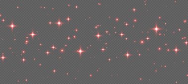 Kırmızı parıldayan yıldızlar, parlak parçacıklar ışık efekti, şeffaf uçan yıldız tozu dokusu, soyut ışıldayan Noel süslemesi. Vektör illüstrasyonu.