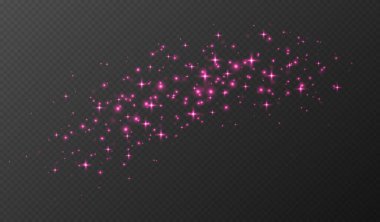 Pembe parıldayan yıldızlar, parlak parçacıklar ışık efekti, şeffaf uçan yıldız tozu dokusu, soyut ışıldayan Noel süslemesi. Vektör illüstrasyonu.