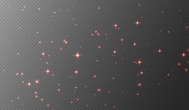 Kırmızı parıldayan yıldızlar, parlak parçacıklar ışık efekti, şeffaf uçan yıldız tozu dokusu, soyut ışıldayan Noel süslemesi. Vektör illüstrasyonu.