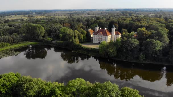 Lotnicze Drone nagrania, starożytny zamek w lesie nad rzeką — Wideo stockowe