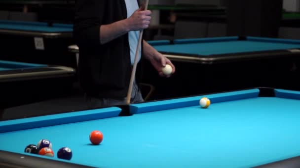 Persons play in snooker game, man plays in billiard — Stockvideo