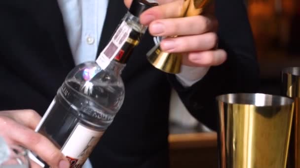 Бармен готовит коктейли и делает спиртные напитки — стоковое видео