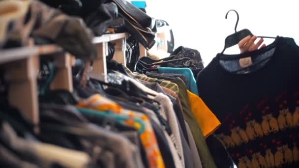 Jeune fille choisit des vêtements d'occasion, recyclage, sauver la planète, écologie — Video