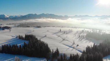 Karlı dağlar vadide ağaçlar haze ve parlak güneş ışığı ile dron görünümü