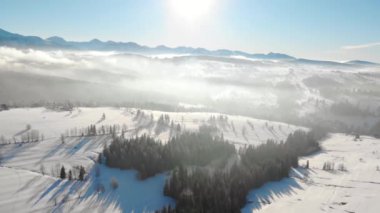 Karlı dağlar vadide ağaçlar haze ve parlak güneş ışığı ile dron görünümü