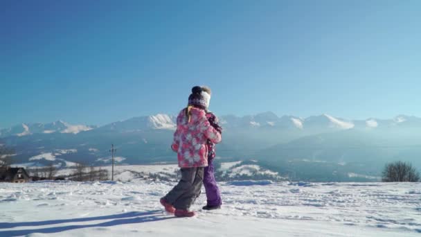 햇빛에 배경에 아름 다운 산과 눈 덮인 지형에서 실행 하는 아웃 웨어에 매력적인 아이 — 비디오