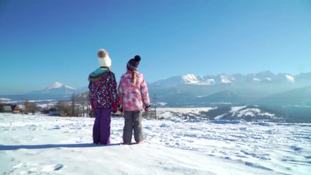Вид сзади на детей, стоящих на сельской дороге в снегу, смотрящих на горный хребет под солнцем — стоковое видео