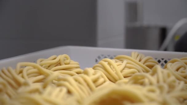 Человек, делающий спагетти и макароны с помощью машины для макарон — стоковое видео