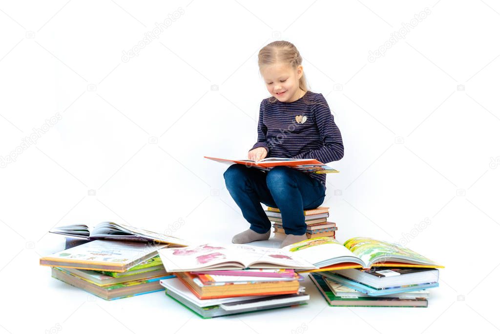 blonde girl reads books waving her arms and covers her face